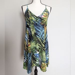 🔴 Green and blue tropical leaf print cami dress size L